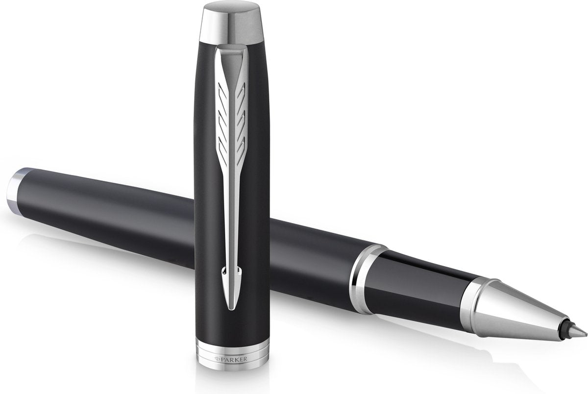 Parker soy bolígrafo roller | negro mate con adornos cromados | punta fina con relleno de tinta negra | embalaje de regalo