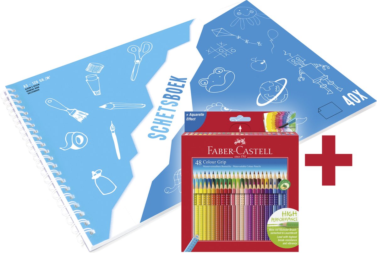 Faber-castell kleurpotlood - grip - 48 stuks + a3 kangaro schetsboek gratis - wit - 120 grams - 40 vel - fc-112449-a