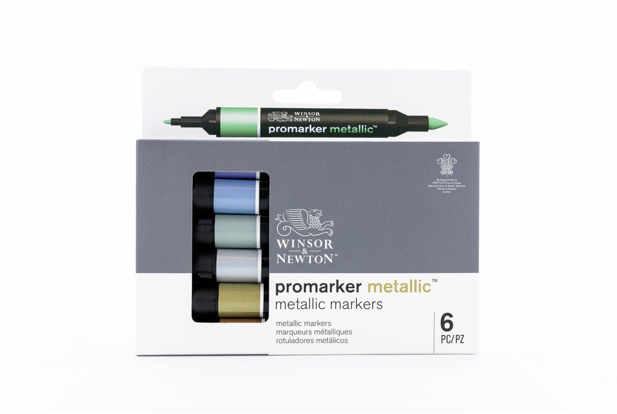Winsor Newton 0290135 Pro Marker Metallic 6 Set | Pennarelli metallici a base acqua con 2 punte