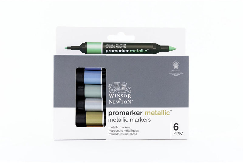 Winsor Newton 0290135 Pro Marker Metallic 6 Set | Pennarelli metallici a base acqua con 2 punte