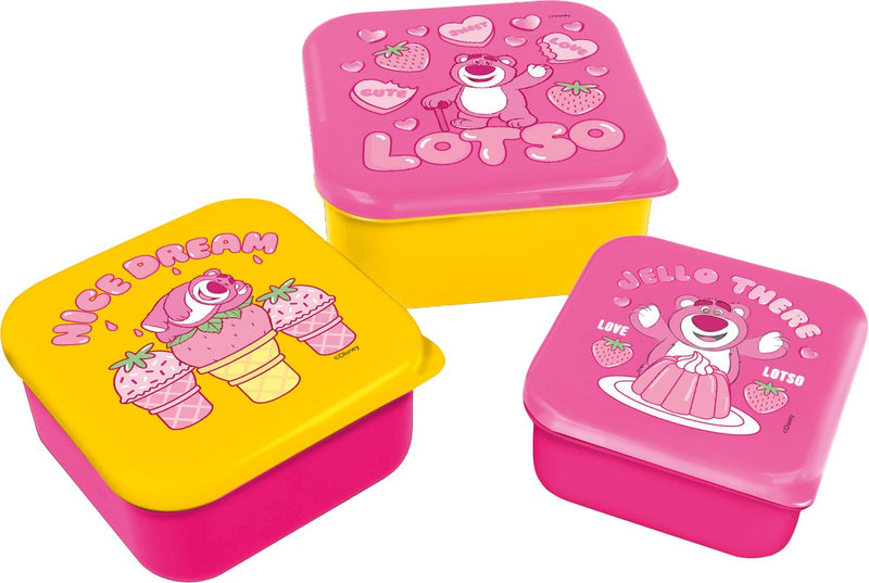 Scatole per snack 3 in 1 Toy YLotso della Stor Disney - 3 misure - quadrate - chiudi bene - contenitori per il pranzo per bambini - coperchio sciolto - adatte per biscotti, frutta e snack - rosa giallo
