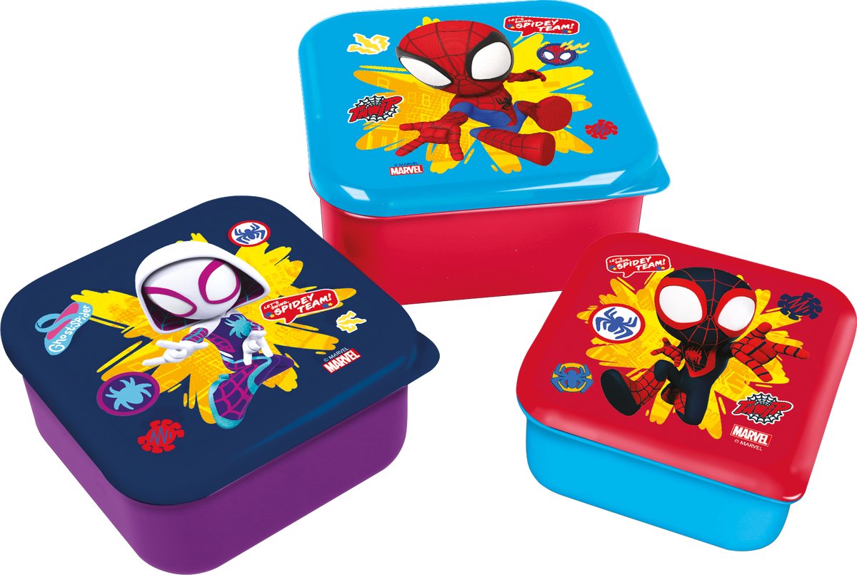 Scatole per snack 3 in 1 Spidey della Stor Marvel - 3 dimensioni - quadrate - chiusura ermetica - contenitori per il pranzo per bambini - coperchio allentato - adatte per biscotti, frutta e snack - viola rosso azzurro