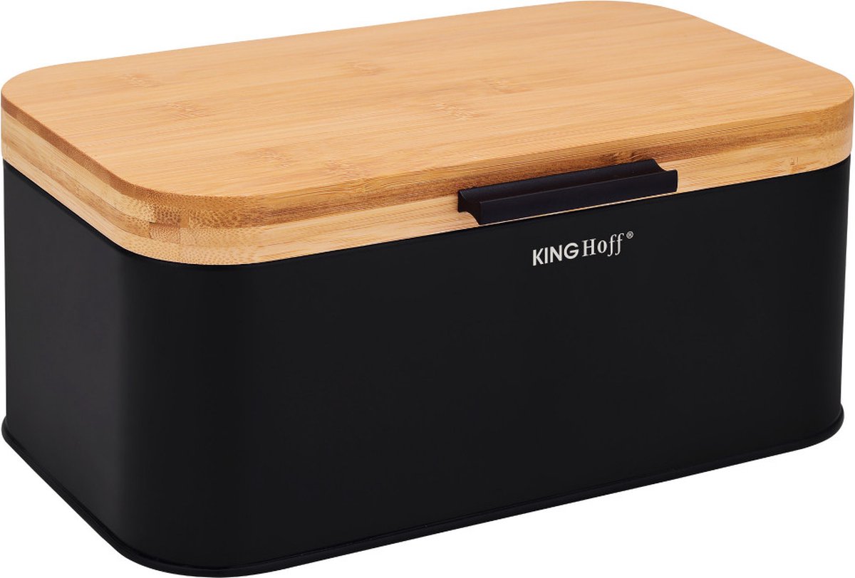 Kinghoff - Panera - Panera compacta con tapa de bambú - Panera de acero - Caja de almacenamiento para pan de cocina - Panera moderna - 30 x 20 cm - Negro