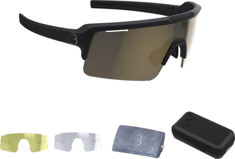 Occhiali da ciclismo Bbb da uomo e da donna fuse - occhiali da sole da bicicletta con grandi lenti toriche per protezione UV al 100% - occhiali sportivi antiappannamento con 3 lenti leggere e custodia per occhiali - oro nero opaco - bsg-65
