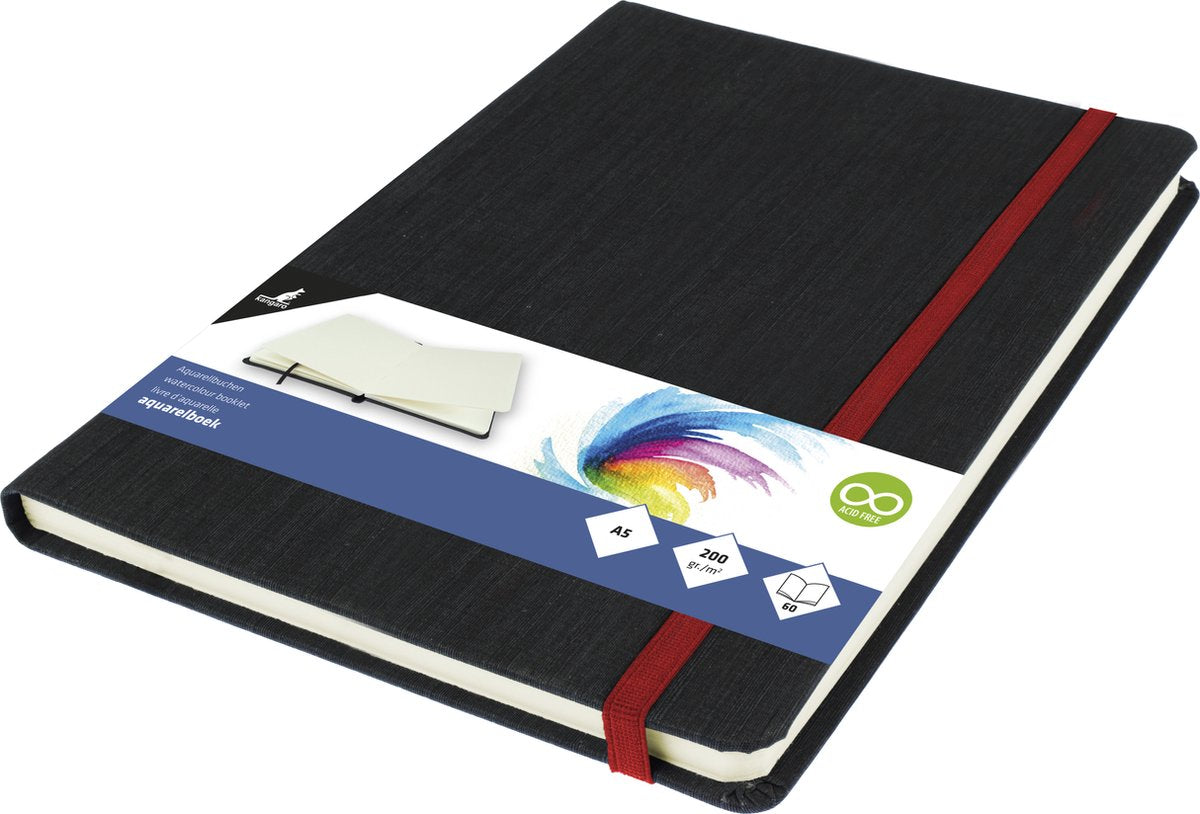 Kangaro aquarelboek - a5 - linnen cover - 30 vel - 200 grams aquarel papier - leeslint - afsluitelastiek