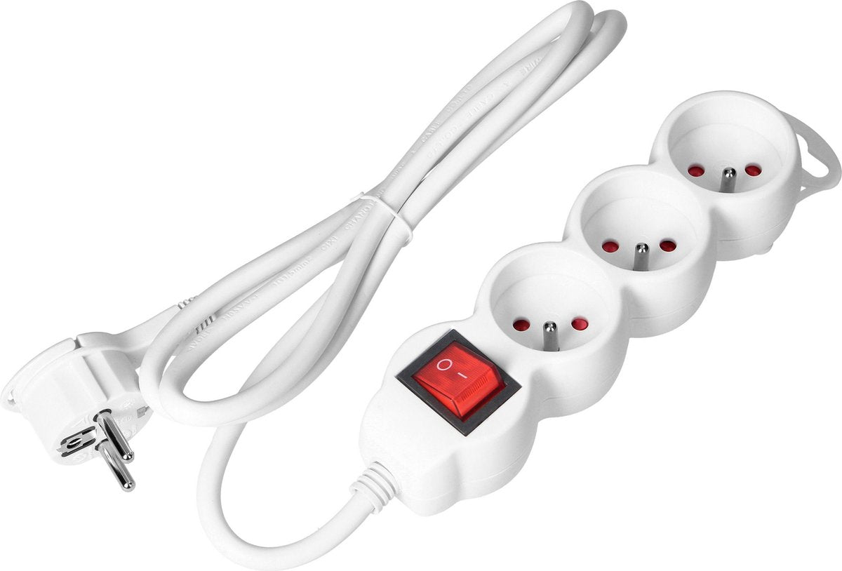 Multipresa Orno® - per Belgio - prolunga - con pin terra - 3x 2p+e con interruttore, 5 metri h05vv-f 1x1,5mm2, imax=16a, bianco max 3680 watt