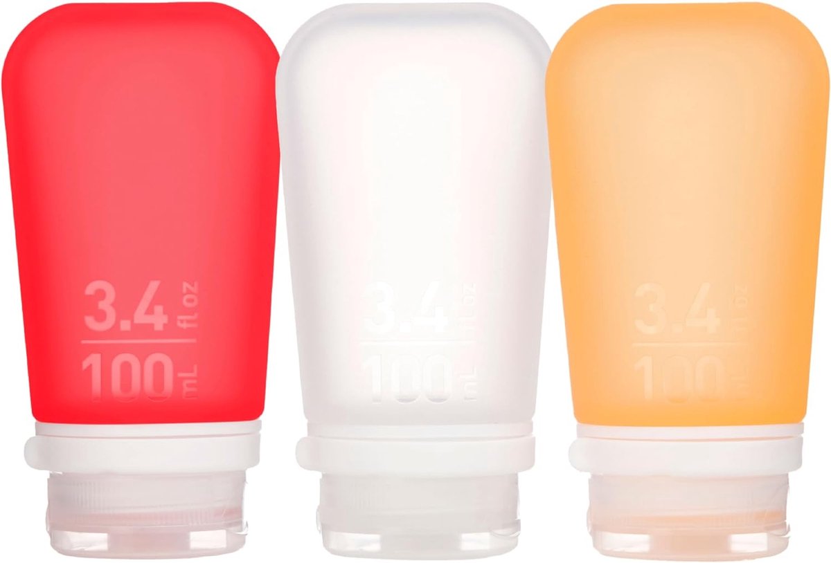 Human gear - gotoob+ 3-pack - reisflesje - flacon- lekvrij - herbruikbaar - large - 100ml - clear red orange