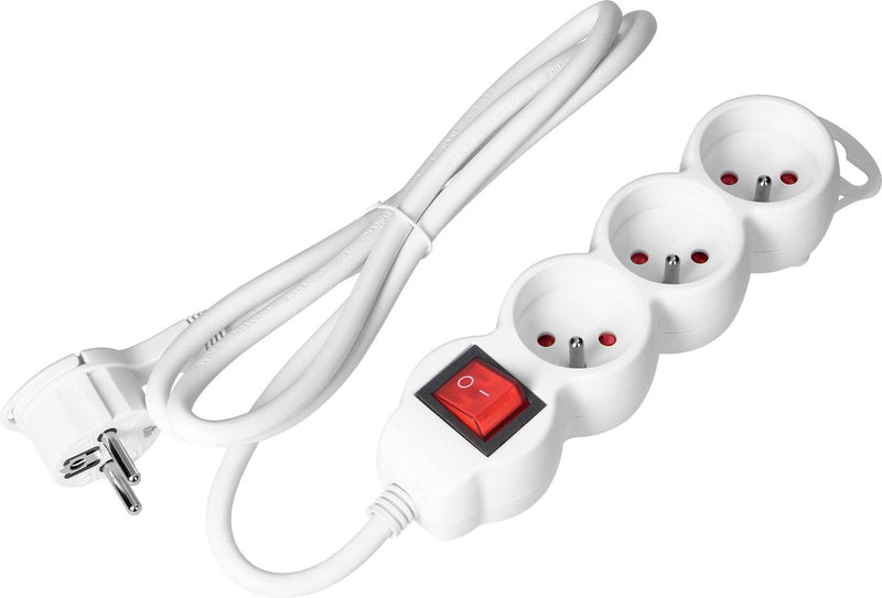 Multipresa Orno® - per Belgio - prolunga - con pin terra - 3x 2p+e con interruttore, 5 metri h05vv-f 1x1,5mm2, imax=16a, bianco max 3680 watt