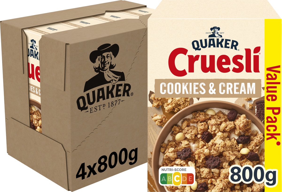 Quaker cruesli cookies cream - breakfast cereal - 4 x 800 grams