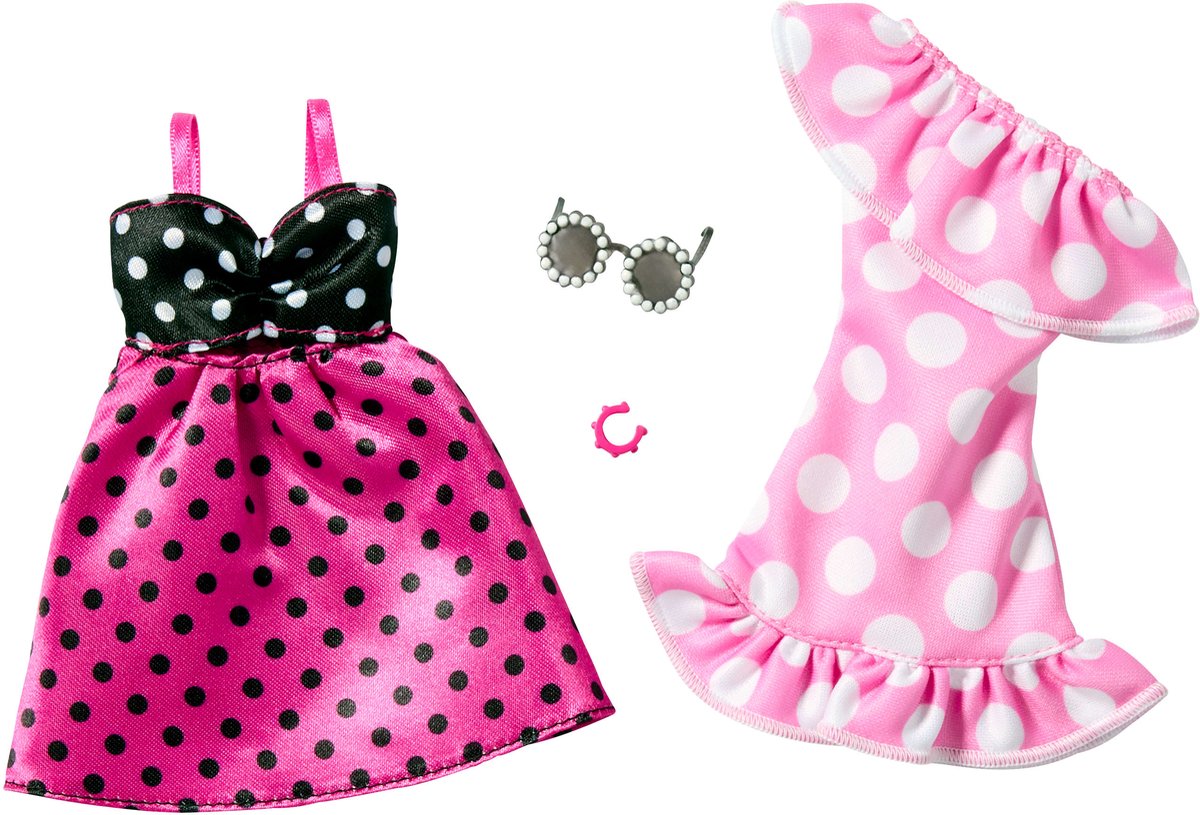 Barbie Mattel, paquete de 2 prendas y accesorios: 2 vestidos de lunares de verano, gafas de sol y pulsera.