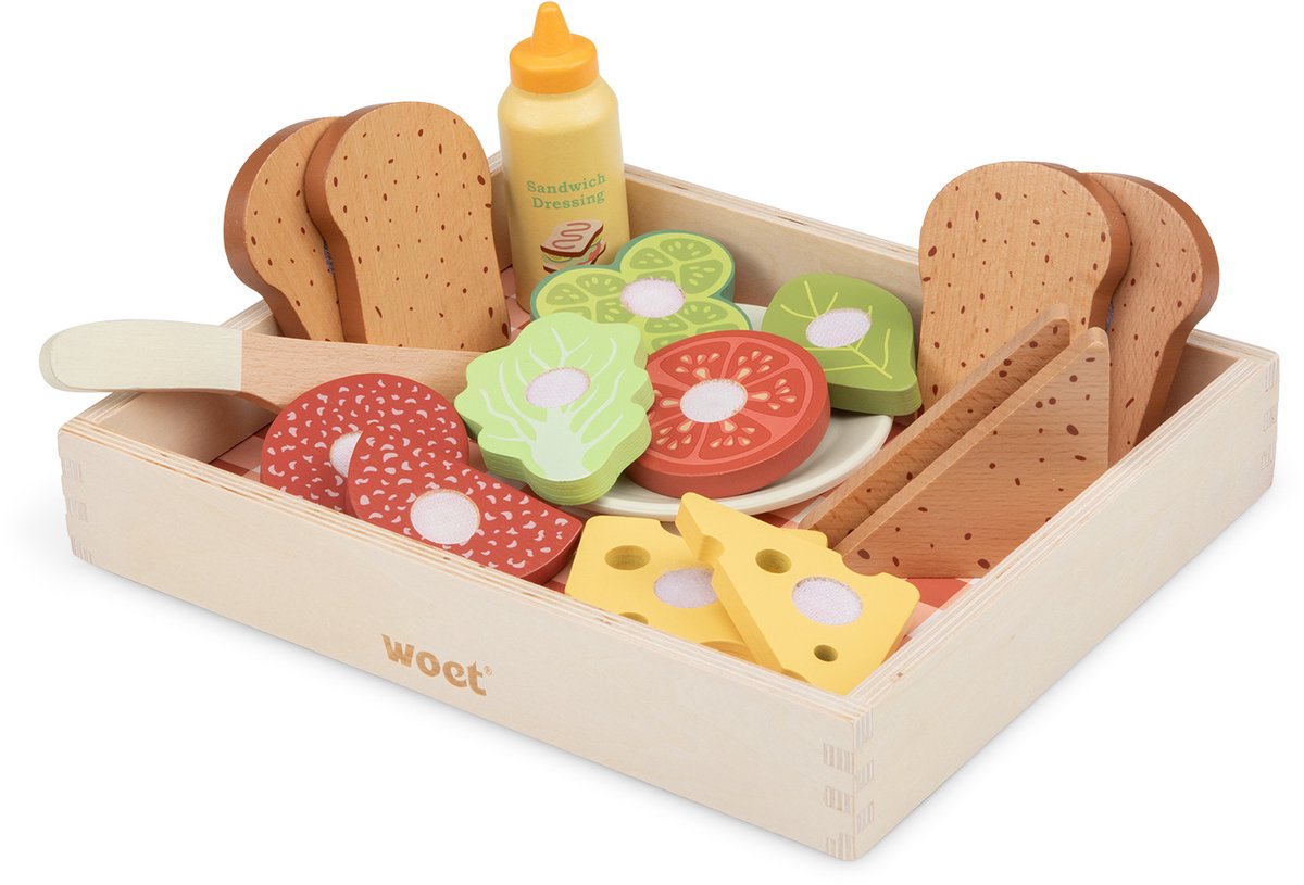 Set per panini in legno Woet ® - crea il tuo set da gioco per panini con oltre 16 accessori - cibo giocattolo per giochi di ruolo - giocattoli educativi da cucina - da 2 anni