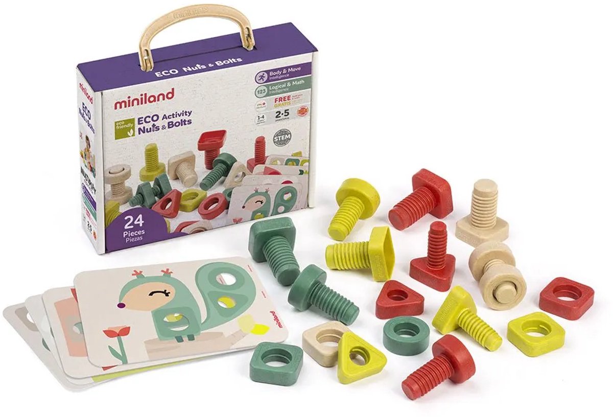 Bulloneria Miniland - 23x19x8cm - 24 parti - con 4 schede campione - 2 anni