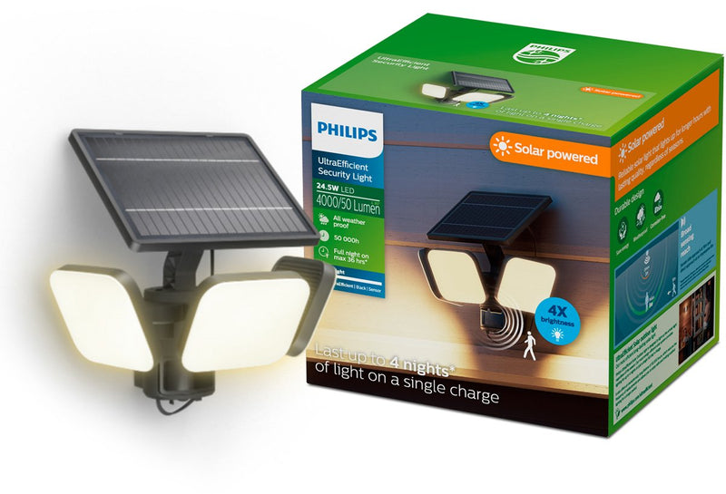 Philips LED Philips Ultraeficiente Zyren aplique - lámpara solar de seguridad - reflector - sensor de movimiento - luz blanca brillante: 3000k - 24,5w - negro - dos modos de luz - sensor crepuscular - energía solar - resistente al agua