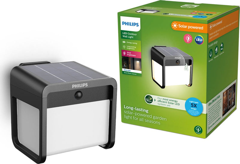 Lampada da parete Philips LED Philips Ezra - LED ultra efficiente - lampada solare da esterno - luce calda e chiara; 3000k - nero - sensore di movimento - energia solare - sensore crepuscolare