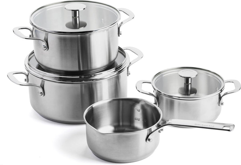 Set di pentole Kitchenaid in acciaio inox 7 pezzi - 16 20 24 cm - 1,5 3,1 4,8 l - senza pfas - set di pentole in acciaio inox - set di pentole a induzione - adatto al forno fino a 220°C - con coperchio in vetro - argento