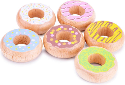 Set di ciambelle giocattolo in legno Woet ® - 6 ciambelle colorate in legno di faggio - cibo giocattolo per bambini - giochi di ruolo da cucina - da 2 anni