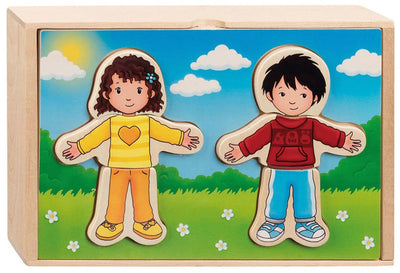 Goki wooden dressing puzzle boy and girl in Houten Box, 36st.