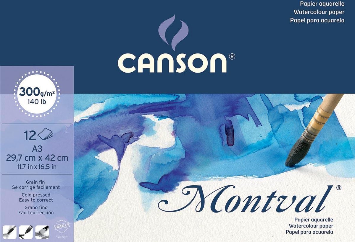 Carta per acquerello Canson Montval, bianca a grana fine, 300 g/m², ft A3, blocco da 12 fogli