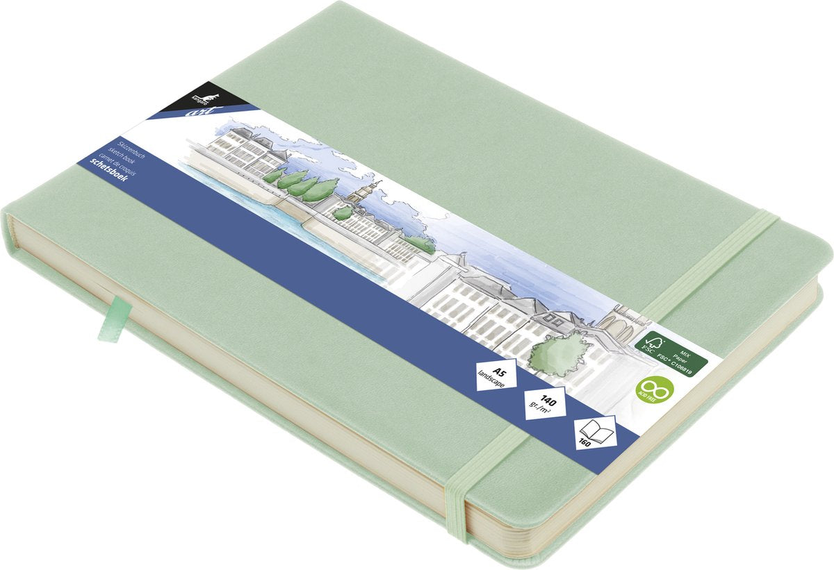 Cuaderno de bocetos Canguro - a5 horizontal - menta - tapa dura de PU - con elástico y cinta