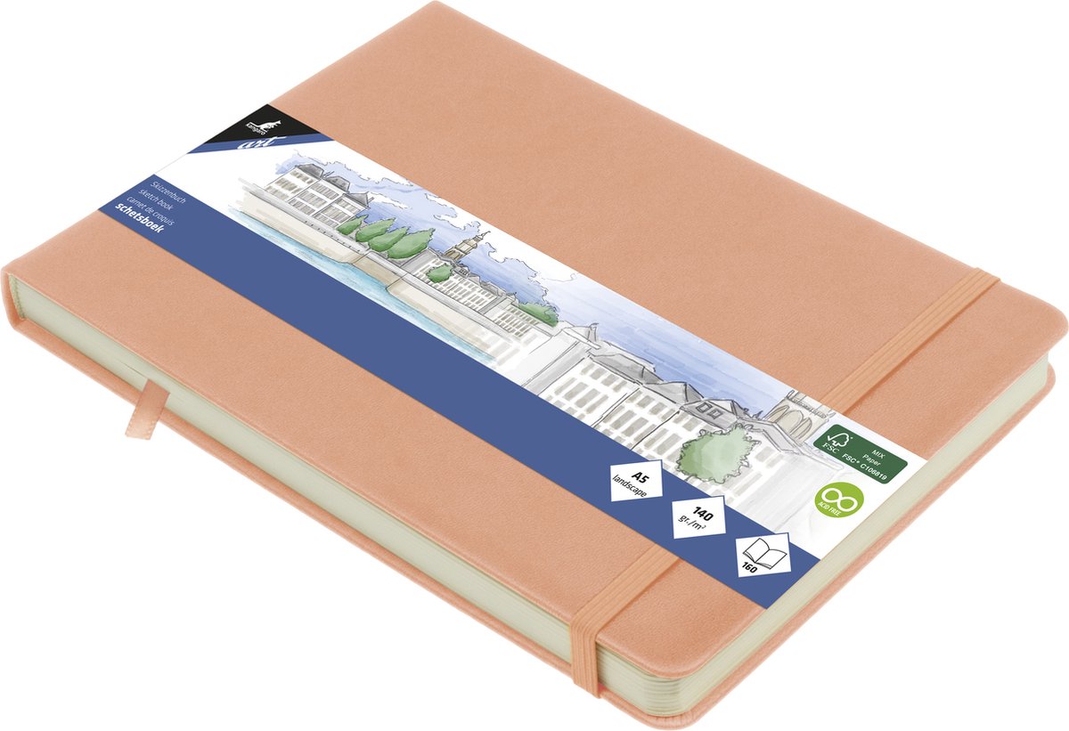 Quaderno da disegno Kangaro - formato A5 orizzontale - rosa antico - copertina rigida in PU - con elastico e nastro