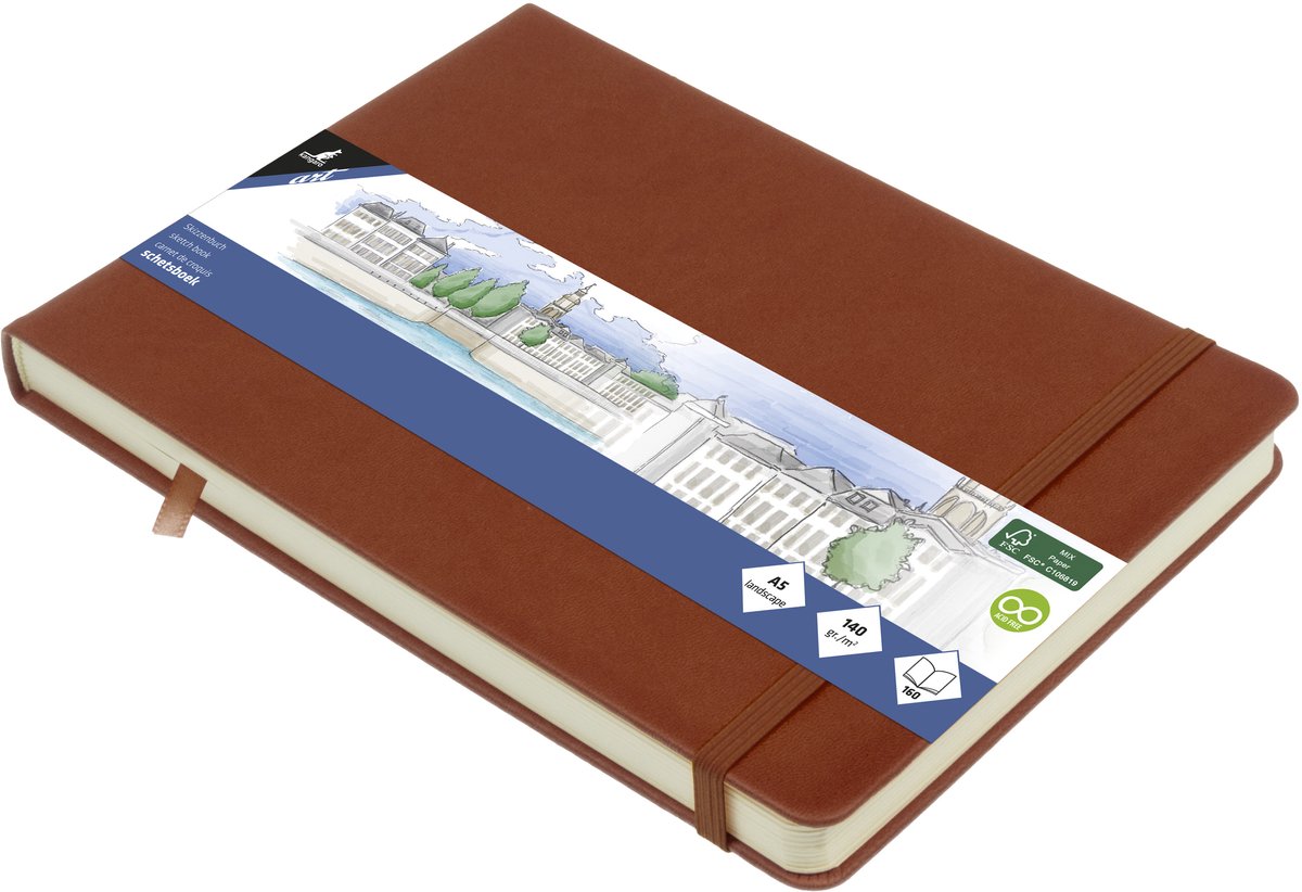 Cuaderno de bocetos Kangaro a5 horizontal - coñac - tapa dura - con elástico y cinta