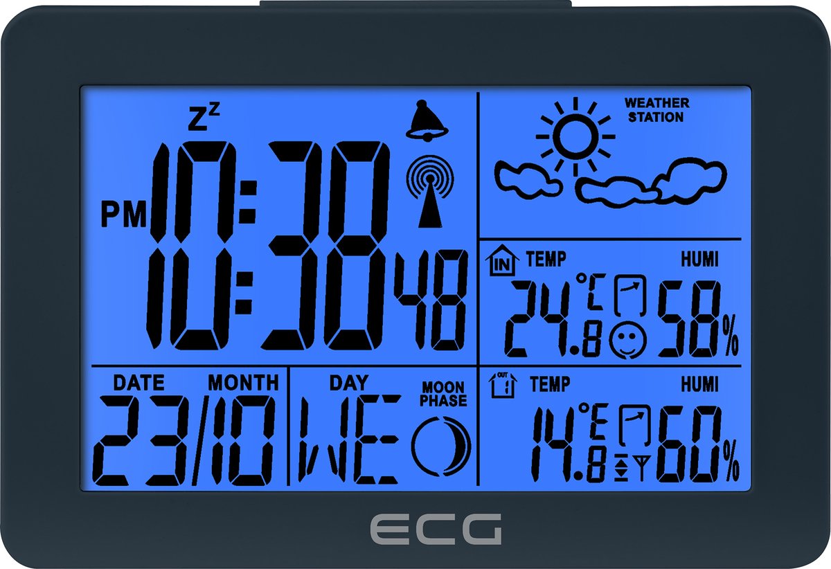 Ecg ms 200 grey - weerstation - binnen- en buitentemperatuur – htn lcd-display - waterdichte buitensensor - 3-kanaals sensor