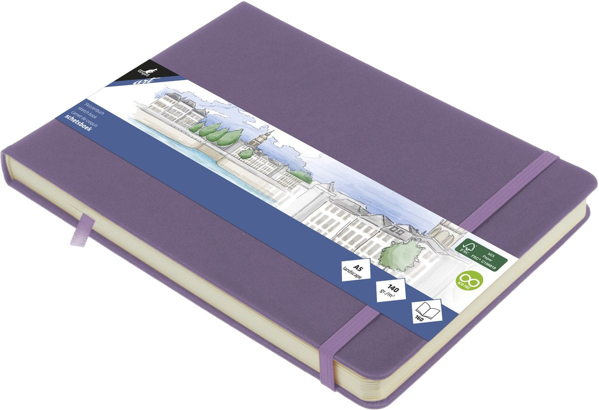 Kangaro schetsboek a5 liggend - heather purple - met elastiek en lint