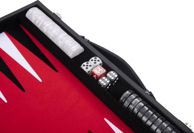 Backgammon Engelhart de 15 pulgadas - tablero con incrustaciones rojas, negras y blancas - estuche de cuero artificial de lujo con asa -