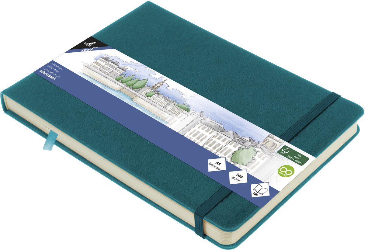 Kangaro schetsboek - a5 landscape - dark turquoise - met elastiek en lint