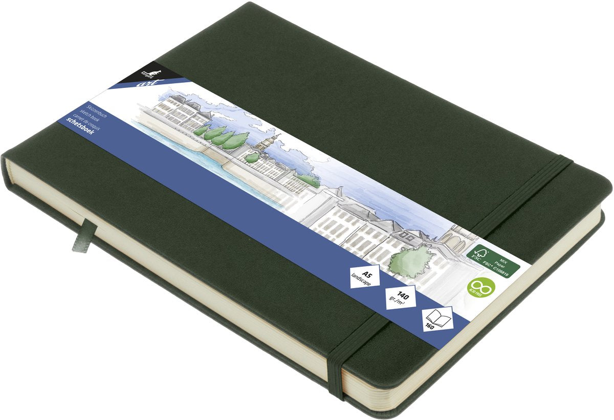 Kangaro schetsboek a5 landscape - forest green - hardcover kaft - met elastiek en lint