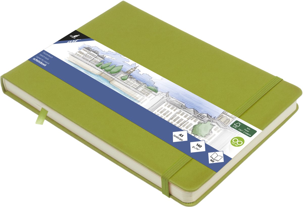 Kangaro schetsboek a5 landscape - lime green - hardcover kaft - met elastiek en lint - k-861239
