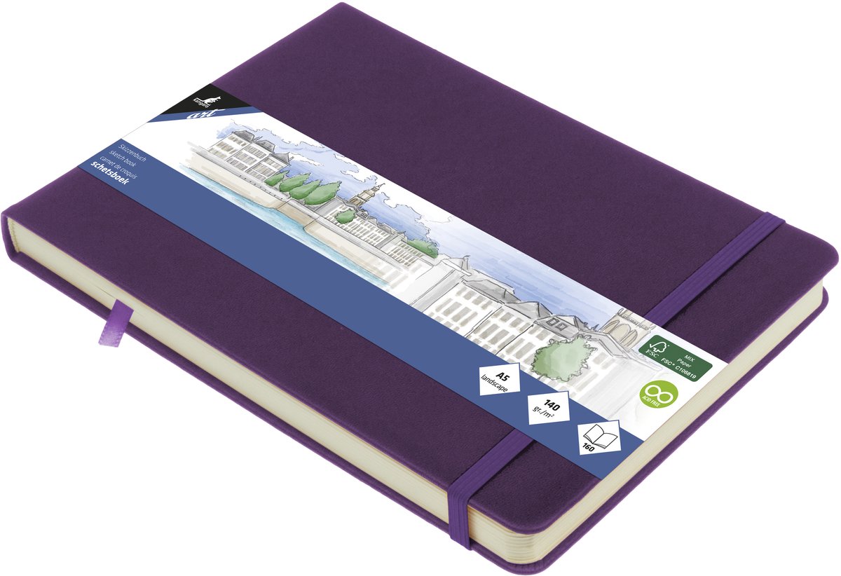 Quaderno da disegno Kangaroo - formato A5 orizzontale - cuore viola - con elastico e nastro