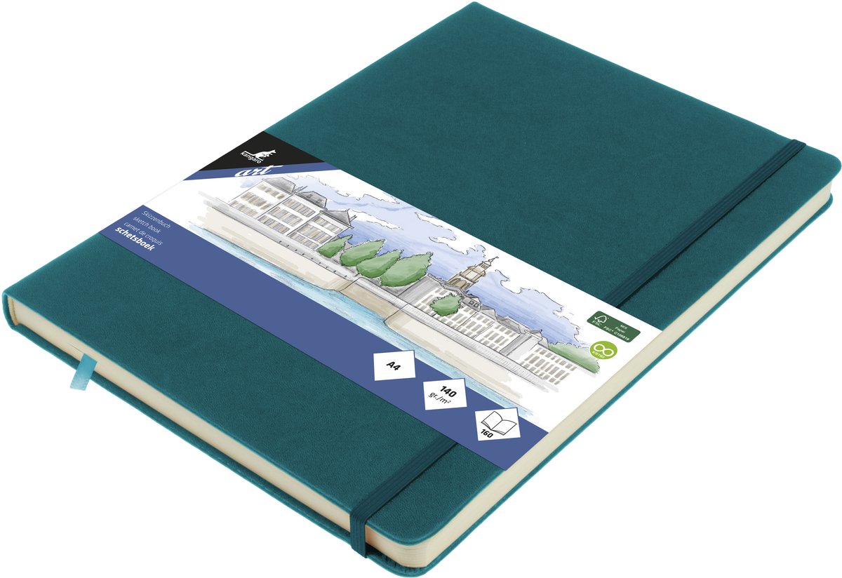 Kangaro schetsboek a4 - dark turquoise - met elastiek en lint
