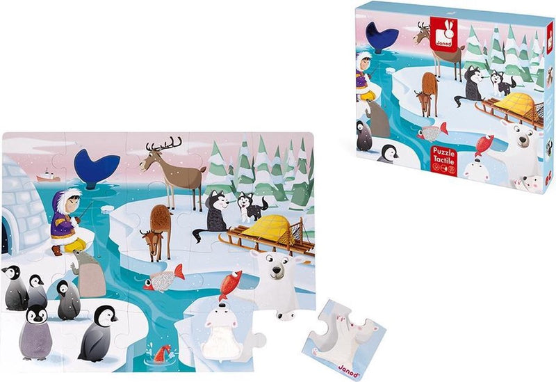 Puzzle tattile Janod - vita sul lastrone di ghiaccio - puzzle gigante da 20 pezzi in cartone robusto, con 7 pezzi con texture - incluso poster - adatto a partire da 2 anni