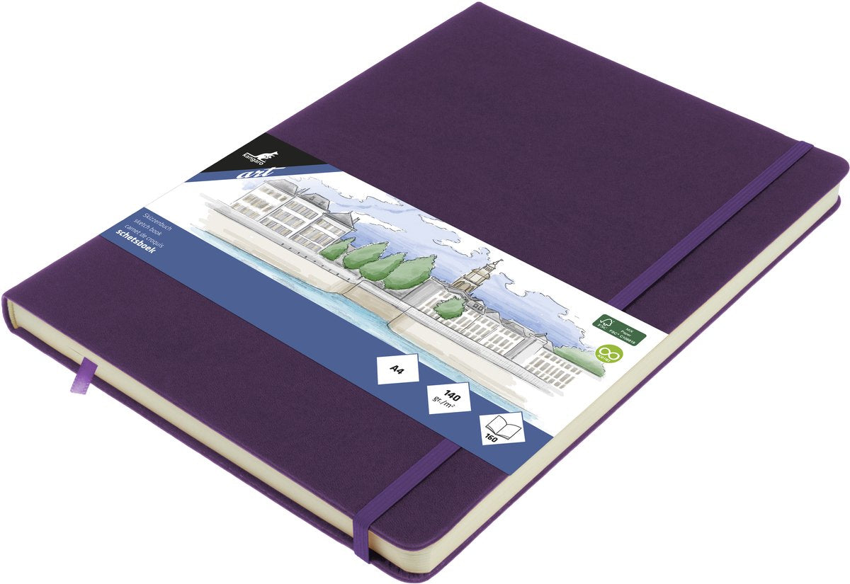 Cuaderno de bocetos canguro - a4 - corazón morado - con elástico y cinta