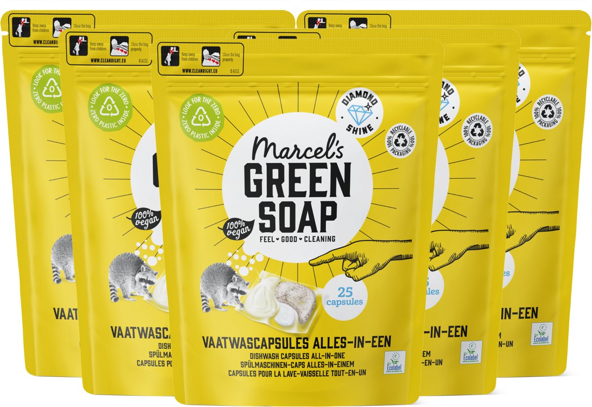 Capsule di sapone verde per lavastoviglie Marcel's - eco all-in-one - 5 x 25 pezzi - 125 lavaggi