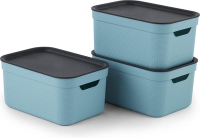 Rotho jive cajas de almacenamiento, juego de 3 cajas de almacenamiento de 5 l con tapa, plástico (pp reciclado), turquesa antracita, 3x5l (26,5 x 18,5 x 20,0 cm)