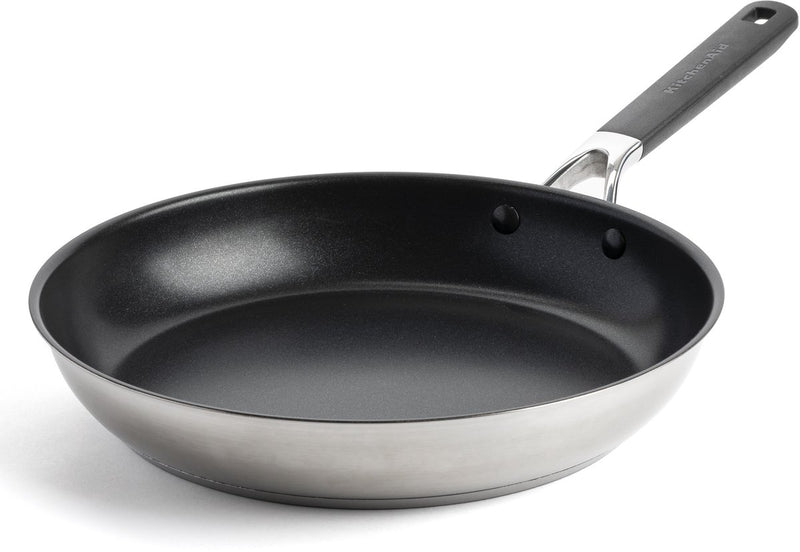 Padella Kitchenaid in acciaio inox 28 cm - rivestimento antiaderente senza pfas - padella a induzione - padella in ceramica - adatta al forno fino a 160°c - maniglie fredde - argento