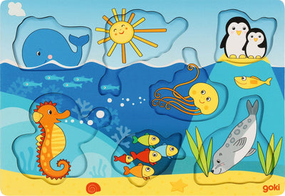 Goki wooden background puzzle sea animals, 7 pcs.
