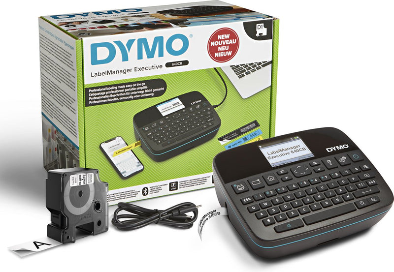 Stampante per etichette portatile Dymo label manager executive 640 cb | Etichettatrice compatta con tastiera qwerty | Connettività Bluetooth e USB | Compatibile con etichette standard D1 e durevoli