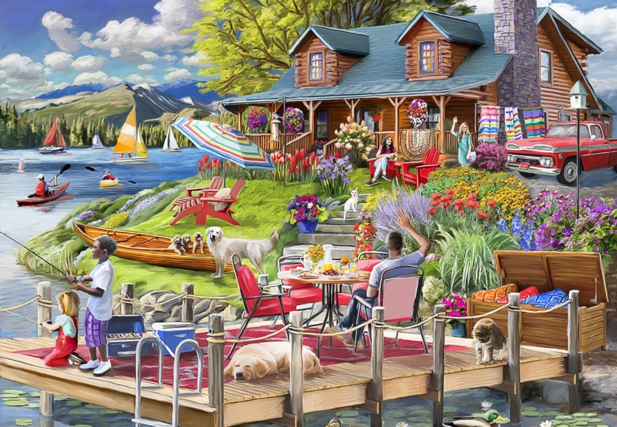 Puzzle Bluebird puzzle vista lago baita mountain time 1000 pezzi.