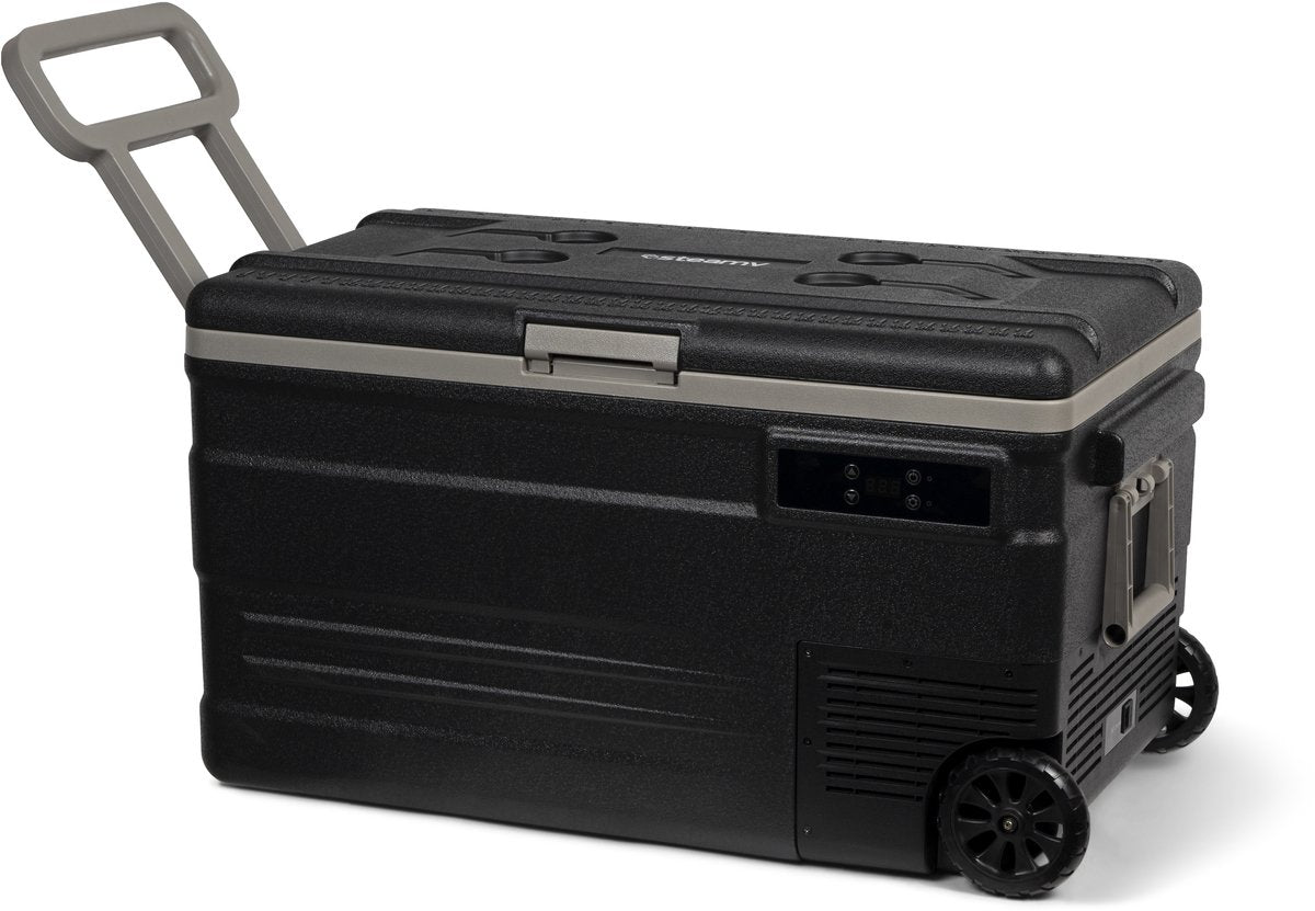 Frigo portatile Steamy -e con compressore elettrico a rulli monozona su ruote - monozona - 74 litri - 12v e 230v - per auto e campeggio - nero