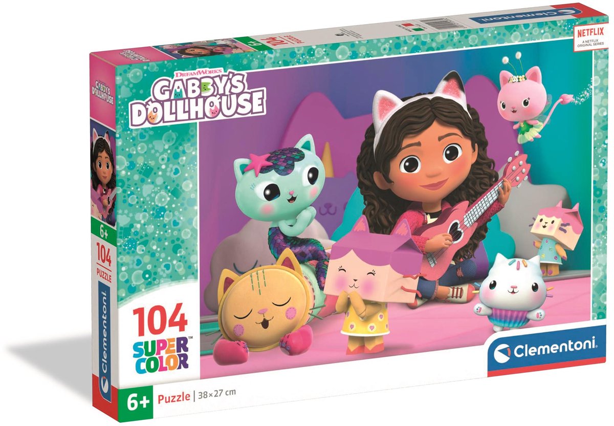 Clementoni - rompecabezas infantil - 104 piezas - casa de muñecas de gabby - colores y personajes alegres - a partir de 6 años