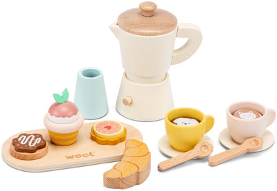 Juego de café con cafetera de madera Woet ® - Juego de 17 piezas que incluye tazas, tabla para servir, croissant, muffins y galletas - FSC - juguetes de cocina para juegos de rol - tienda de juegos - juguetes de barista - a partir de 3 años