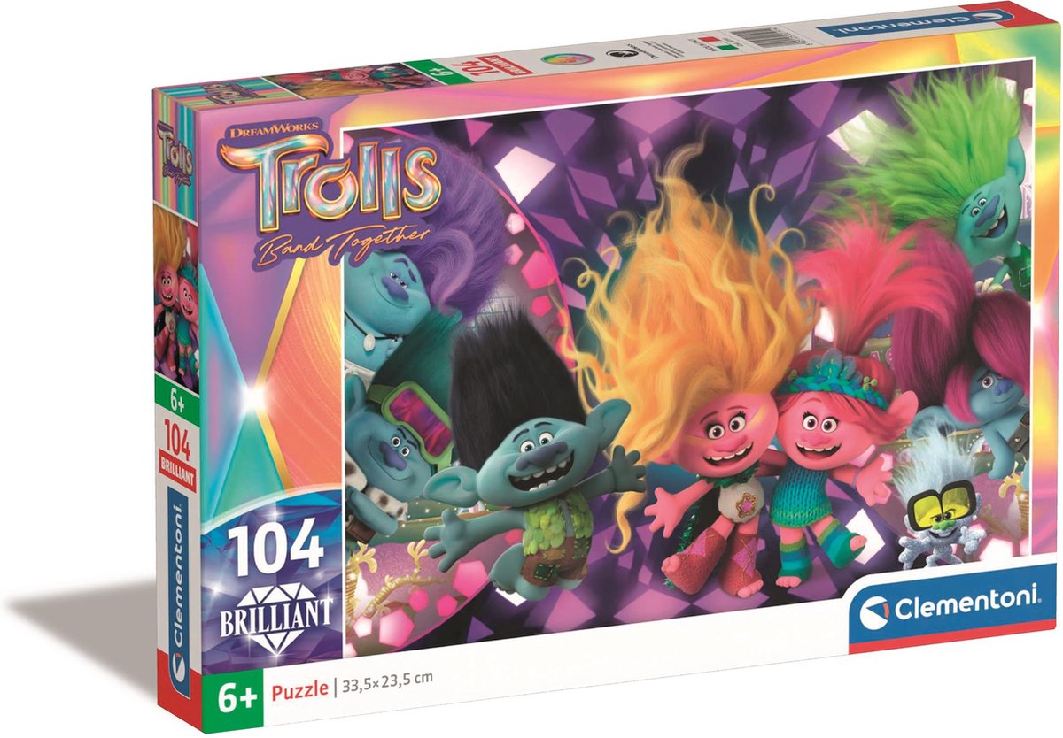 Clementoni - puzzel 104 stukjes brilliant trolls 3, kinderpuzzels, 6-8 jaar, 20191