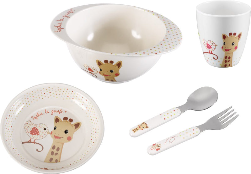 Juego de comida Sophie la jirafa - vajilla infantil - plato infantil - vaso - cuenco - cubiertos infantiles - apto para lavavajillas - a partir de 6 meses - 5 piezas - beige rojo