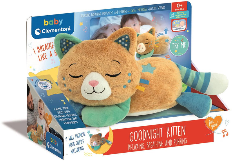 Clementoni baby - gattino della buona notte - peluche per dormire con respiro, fusa e melodie - per rilassarsi - da 0 mesi