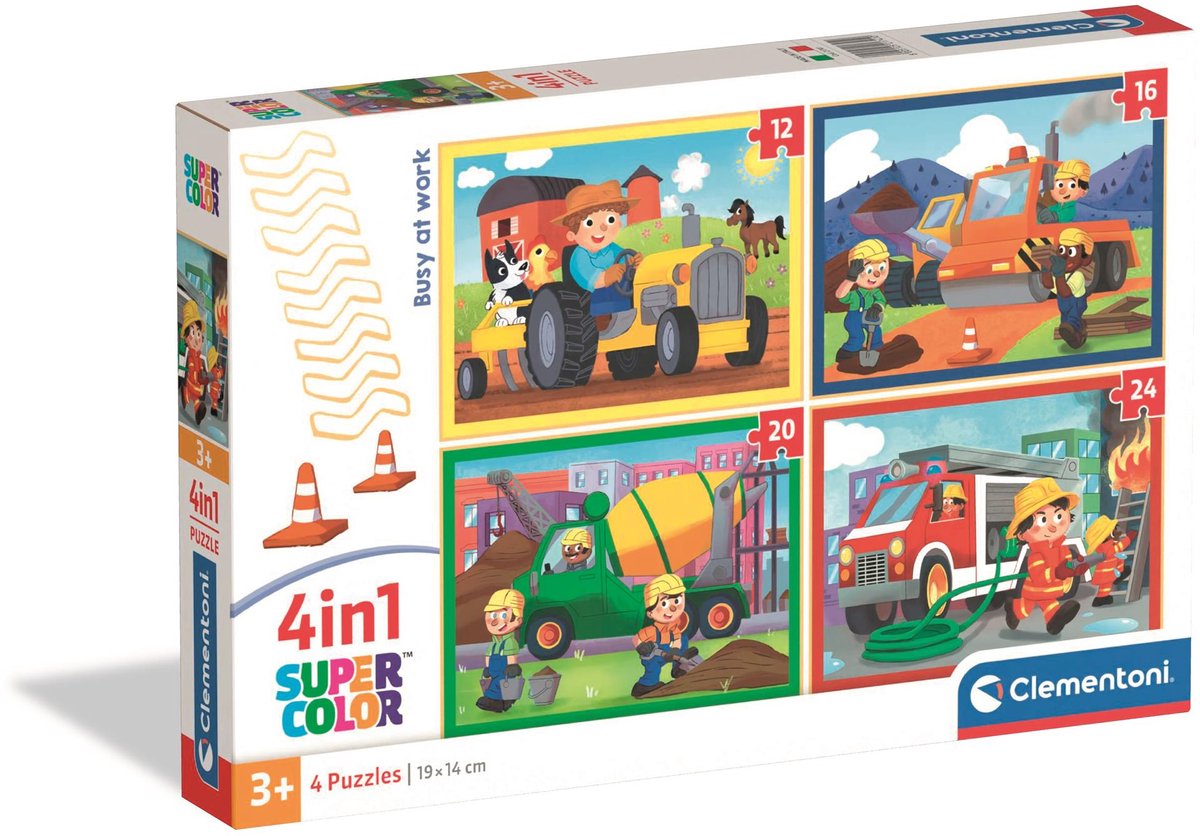 Clementoni - kinderpuzzel 4 in 1 - busy at work - 12, 16, 20 en 24 stukjes - puzzel vanaf 3 jaar