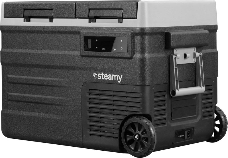 Nevera eléctrica con ruedas y compresor de rodillos de doble zona Steamy-e - doble zona - 41 litros - 12v y 230v - para coche y camping - negra