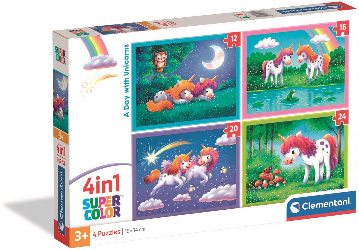 Clementoni - puzzle per bambini 4 in 1 - una giornata con unicorni - 12, 16, 20 e 24 pezzi - da 3 anni